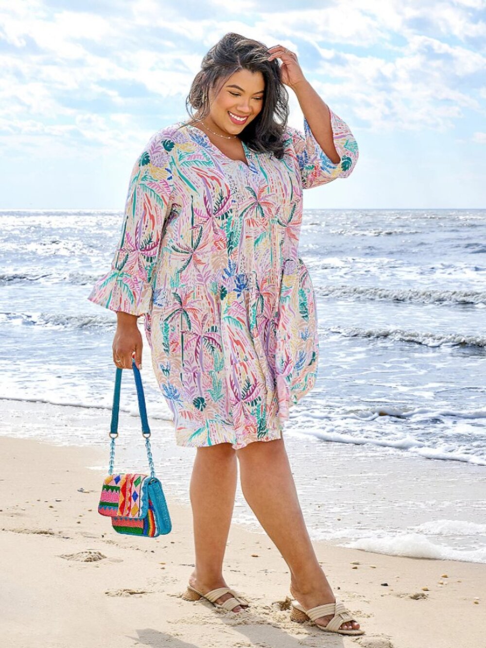 ✨Susan Graver Popover Tiered Dress Tropical Vacation Style Rayon Blend 3XL NWT